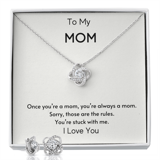Mom Birthday Gift, Funny Mom Gift, Quality Earring & Necklace Set, 14K White Gold Over Stainless Steel, 18