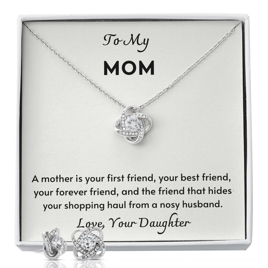 Mom Birthday Gift, Funny Mom Gift,  Quality Earring & Necklace Set, 14K White Gold Over Stainless Steel, 18